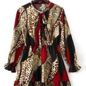 Plus size leopard and Paisley print flounce sleeve tie neck ruffle hem dress